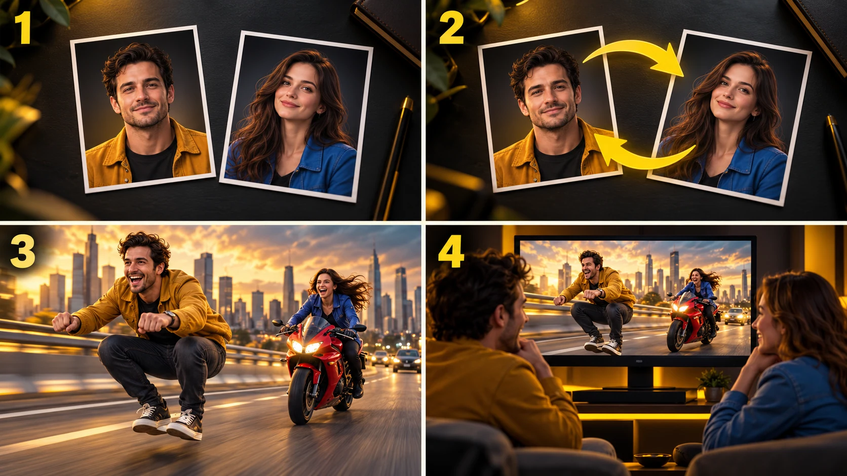 Four illustrated steps: choose two portraits, assign or swap the roles, generate the chase, then review the video.