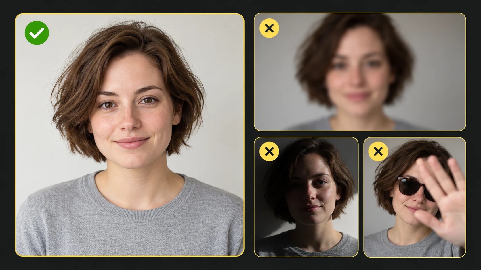 Portrait comparison showing one sharp, evenly lit unobstructed face with a check mark and three unsuitable references with blur, deep shadow or an obscured face.