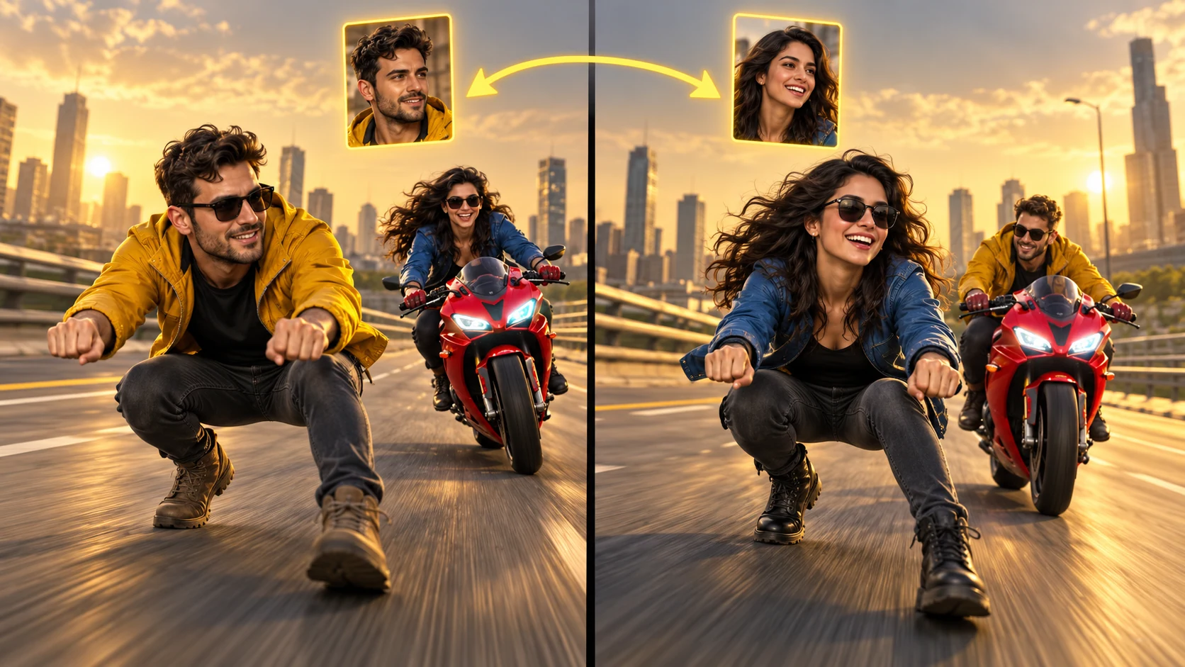 Side-by-side comparison: the man leads and woman pursues on the left; after swapping the portraits, the woman leads and the man pursues on the right.