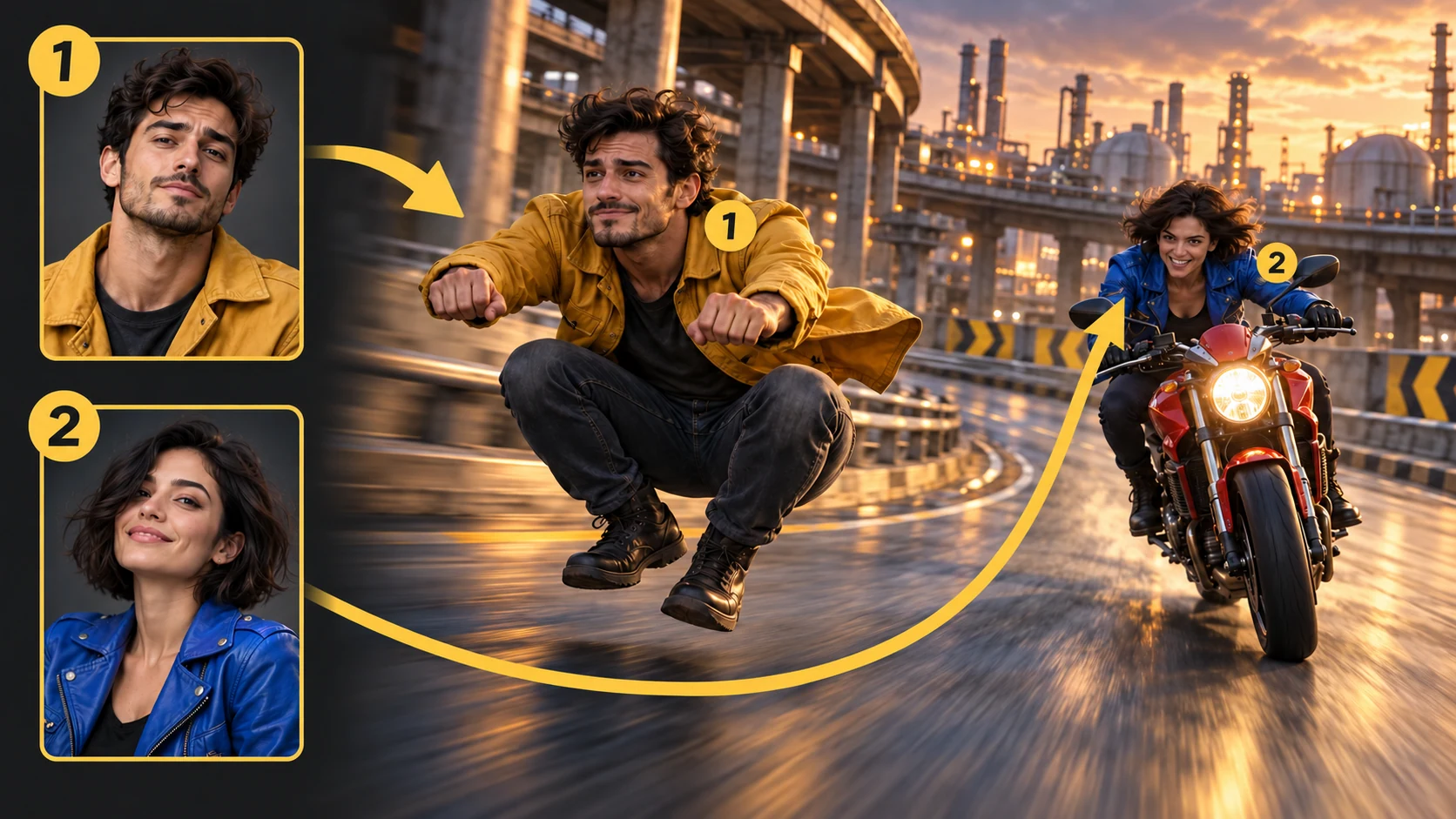 Two portrait references map to separate chase roles: photo 1 becomes the leading rider on an invisible motorcycle, while photo 2 becomes the pursuer on a red motorcycle.
